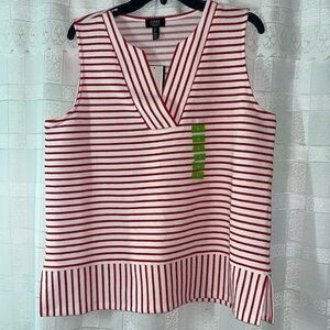Jones New York - White and Red stripes Sleeveless Tank Top with Plunge Neckline